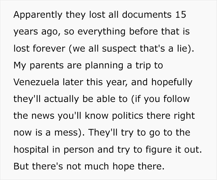 Text about lost documents and a family's trip to Venezuela amid political turmoil, mentioning DNA results issues.