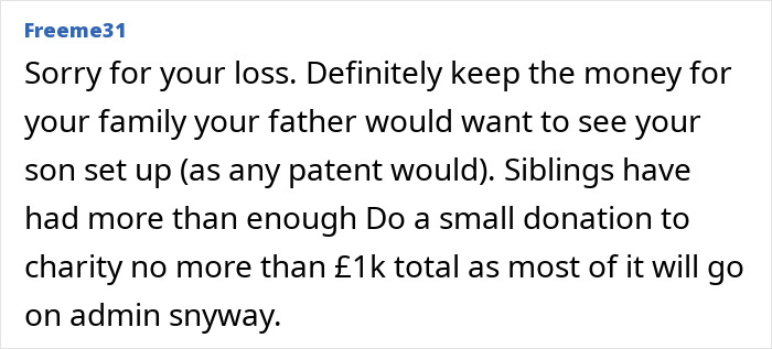 Screenshot of online comment offering advice to keep inherited estate money and donate a small amount to charity, reflecting estate guilt. Screenshot of online comment offering advice to keep inherited estate money and donate a small amount to charity, reflecting estate guilt.