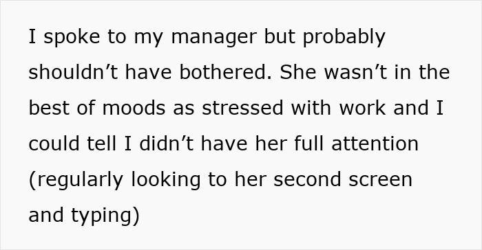 Text image discussing a manager's stress during a video call.