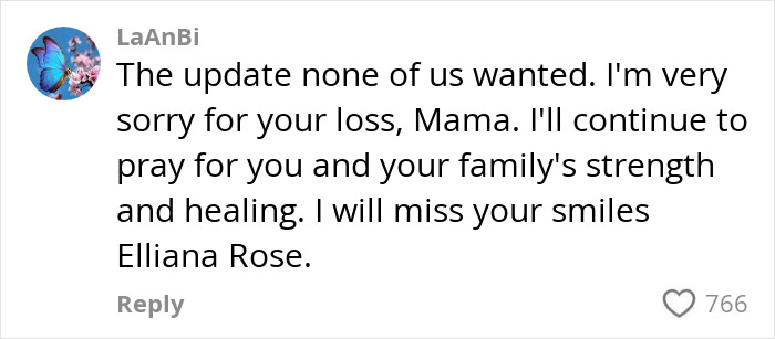 Comment offering condolences on influencer's daughter's passing, expressing sorrow and prayers for family's strength.
