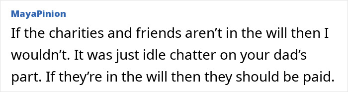 Text excerpt from a woman reflecting on inheriting her late father’s estate and feeling guilty about not fulfilling every wish. Text excerpt from a woman reflecting on inheriting her late father’s estate and feeling guilty about not fulfilling every wish.