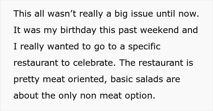 Text about birthday restaurant plans and dietary restrictions.
