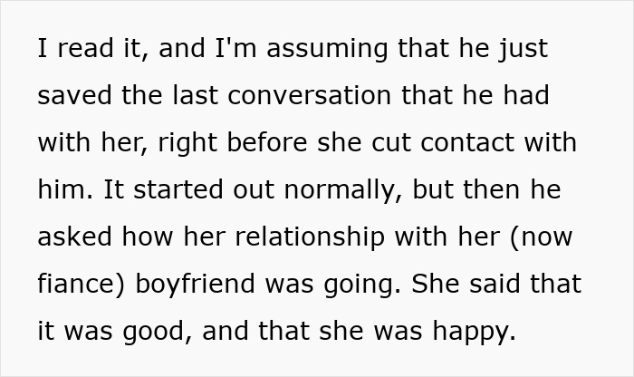 Text conversation about an upset ex-girlfriend discussing her happy relationship with her fiance. Text conversation about an upset ex-girlfriend discussing her happy relationship with her fiance.