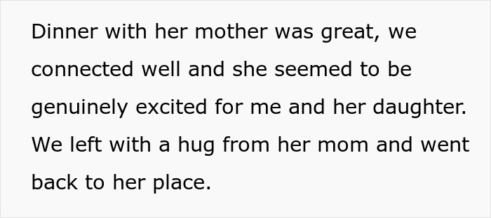 Text from a story about a guy visiting his long-distance girlfriend, detailing dinner with her mother.