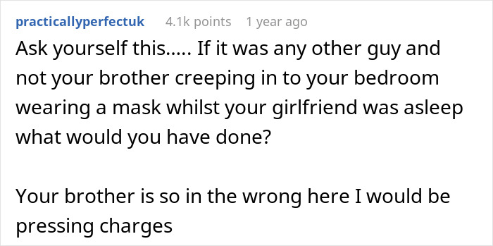 Comment screenshot about a man's family conflict over a girlfriend's reaction to a brother's prank.
