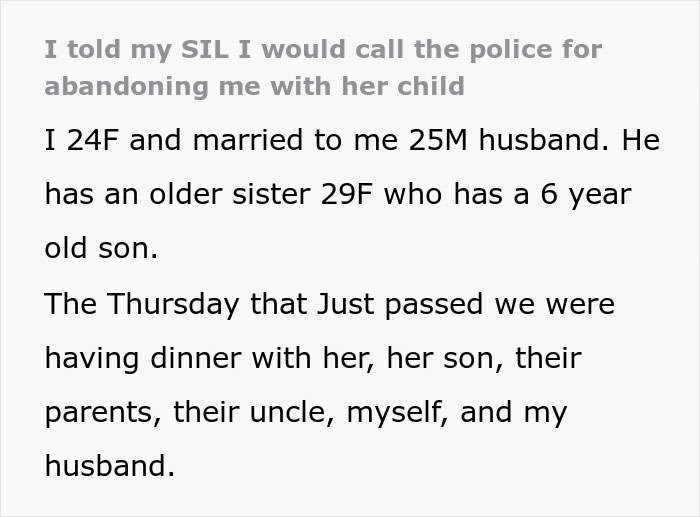 Text discussing babysitting miscommunication and police threat involving in-laws and a child.