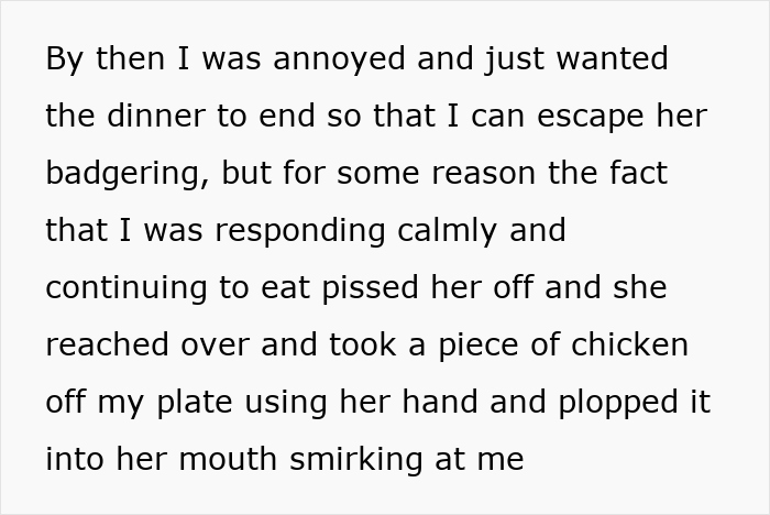 Text excerpt describing a woman taking food off someone else's plate during dinner.