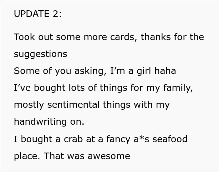 Young woman's update on using good credit score for experiences and sentimental purchases for family.