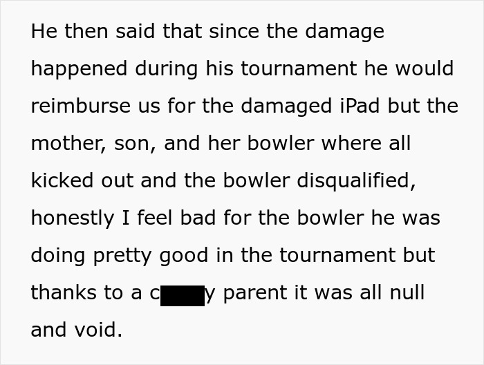 Text discussing an entitled mom, her disruptive child at a bowling alley, and a broken iPad incident.