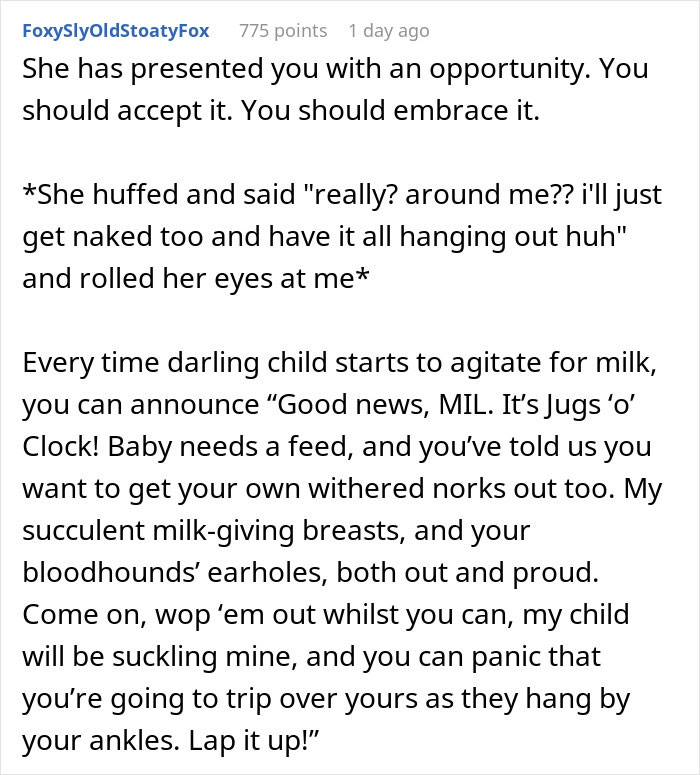 Text exchange discussing breastfeeding in front of MIL after rude comments.