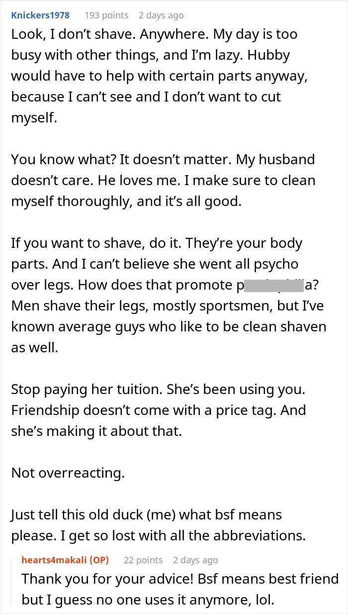 Text discussing friendship issues related to hygiene practices and accusations, with advice and definitions exchanged.