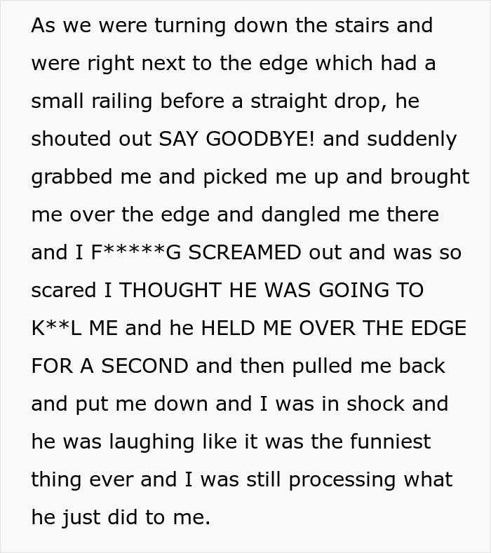 Text describing a husband dangling his wife over a parking garage edge as a prank, causing fear and shock.