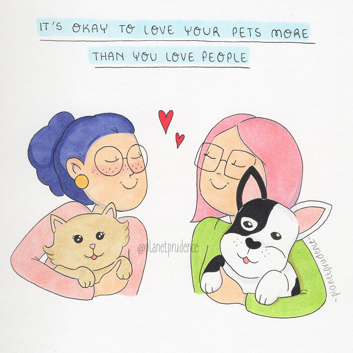 Comic of two women happily cuddling pets, illustrating everyday life affection.