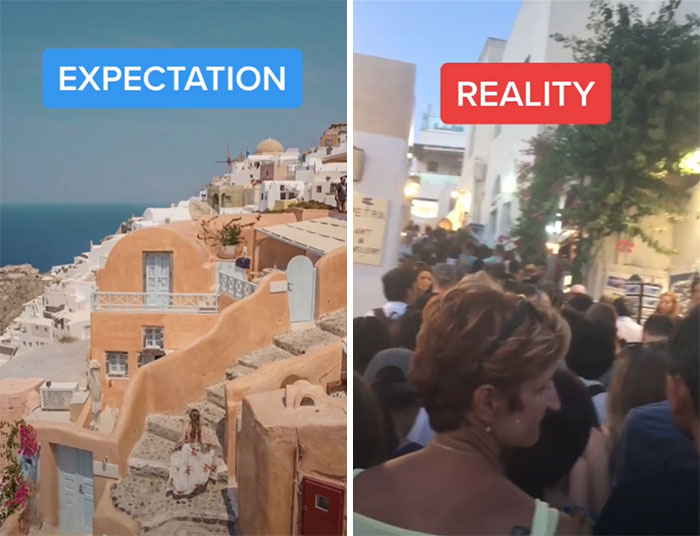 Insta vs. Reality: Peaceful Santorini view vs. crowded street scene, highlighting the truth behind perfect photos.
