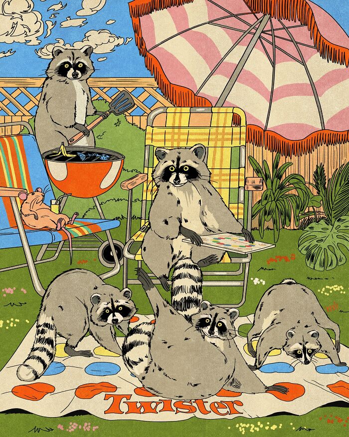 Raccoons playing Twister and barbecuing in a colorful backyard illustration by María Jesús Contreras.