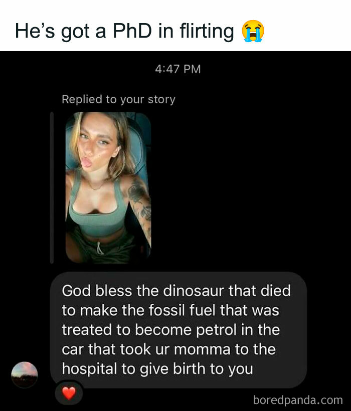 Texting humor meme with amusing dinosaur fossil fuel pickup line and a selfie response.