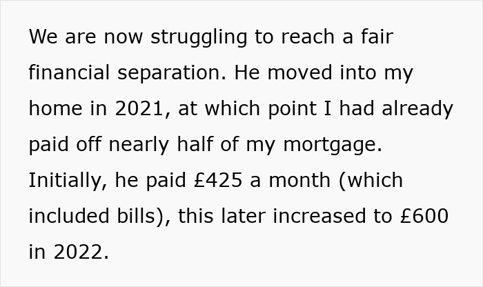 Text discussing financial separation and mortgage payments after a 7-year relationship ends, including rent and bills. 
