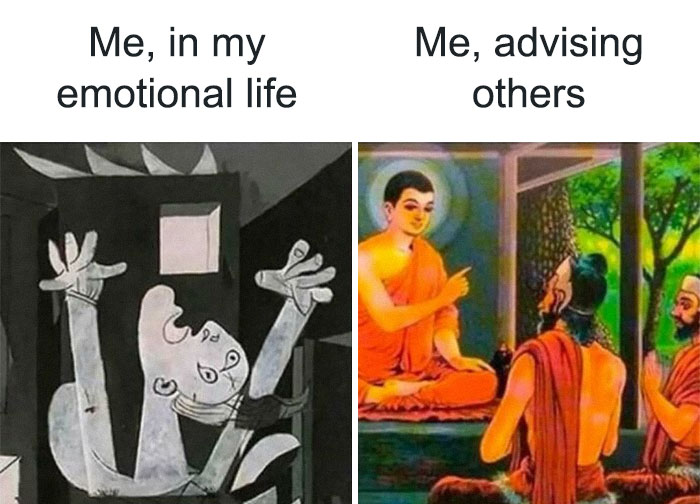 Philosophy meme contrasting emotional chaos with calm advice, using art depictions.