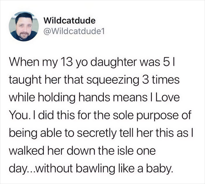 Relatable parenting meme about secretly teaching a daughter a hand-squeeze code for "I love you."