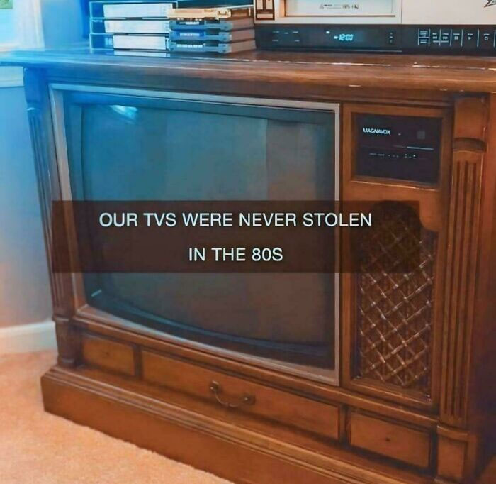 Vintage 80s TV console reminding us of nostalgia and humor about old technology.