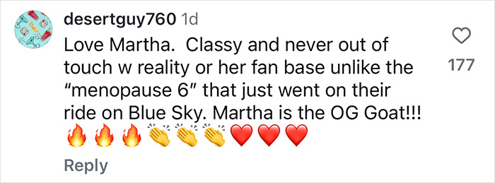 Comment praising Martha Stewart, humorously contrasting her with Blue Origin astronauts.