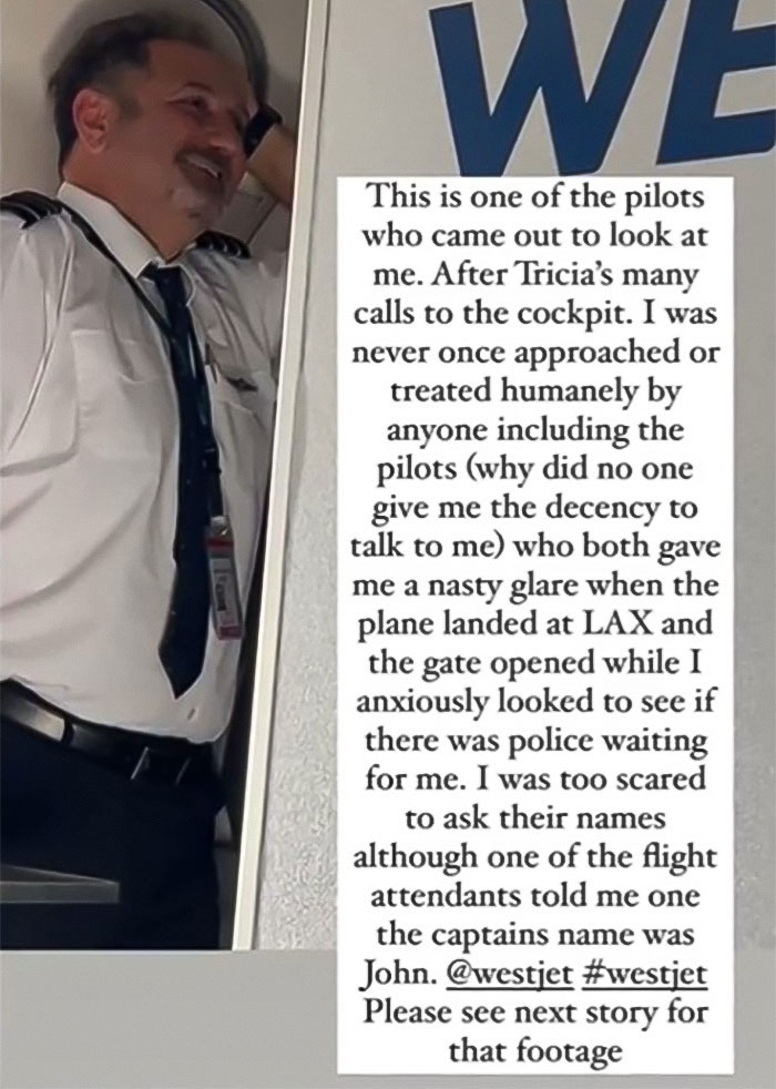 Pilot stands beside text about interaction with "psycho" flight attendant involving a disabled woman seeking help. Pilot stands beside text about interaction with "psycho" flight attendant involving a disabled woman seeking help.