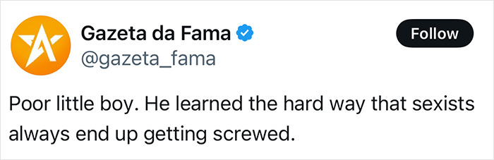 Tweet from Gazeta da Fama praising woman for locking little brother outside to teach him a lesson about sexism. Tweet from Gazeta da Fama praising woman for locking little brother outside to teach him a lesson about sexism.