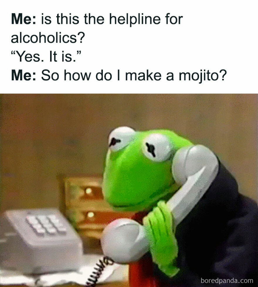 Kermit the Frog meme humorously asking an alcohol helpline for a mojito recipe.