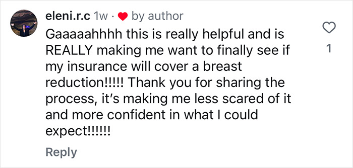 Comment on Instagram, discussing breast reduction and plastic surgery, highlighting insurance and confidence-building process.