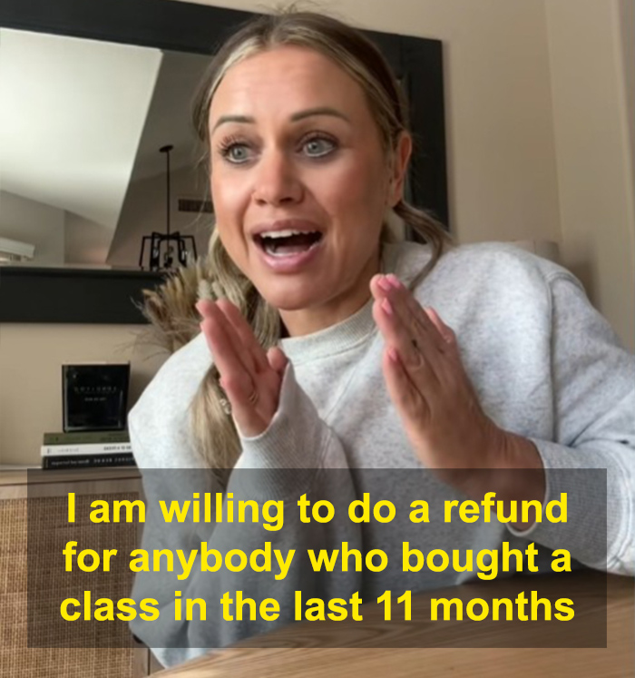 Fitness influencer explaining refund offer amid fans canceling after weight loss truth revealed in a casual home setting. Fitness influencer explaining refund offer amid fans canceling after weight loss truth revealed in a casual home setting.