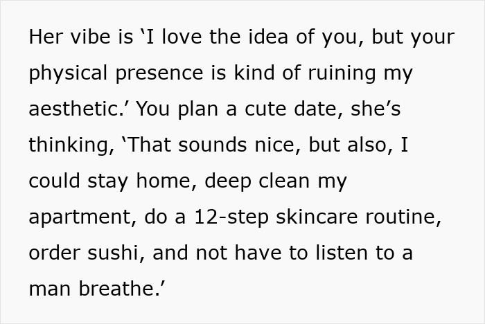 Text discussing dating perpetually single women, highlighting their preference for solitude and self-care over social outings.