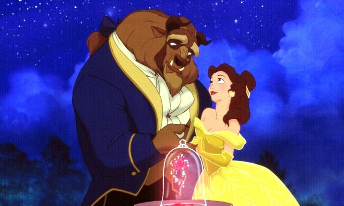 Animated scene showing a human female and male beast highlighting beauty standards in fairy tales at night.