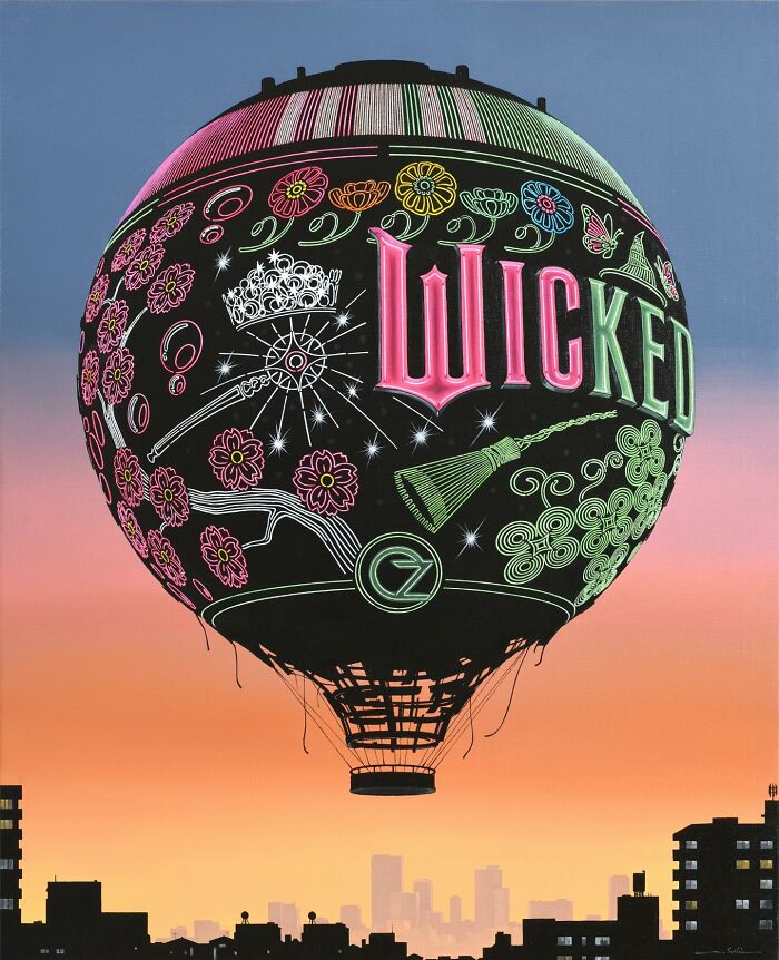 Surreal floating sphere with neon floral and witch-themed designs against a post-apocalyptic urban city skyline.
