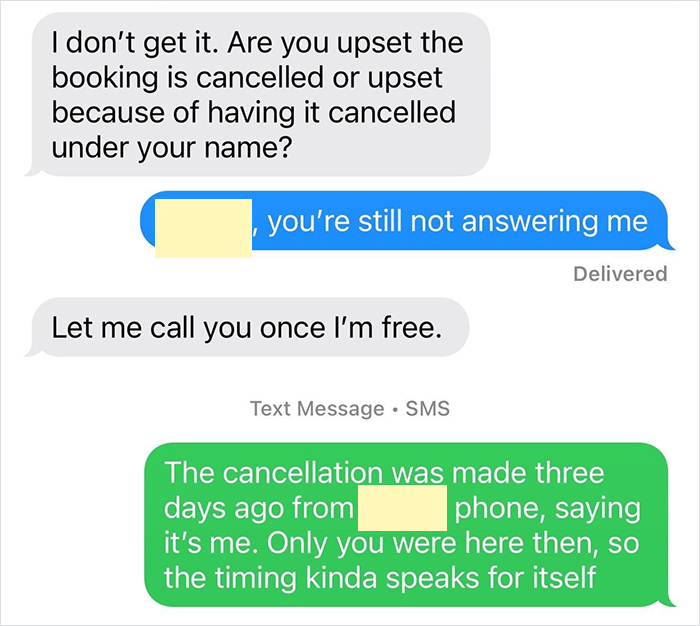 Text message conversation about a canceled honeymoon, revealing a conflict over the cancellation details.
