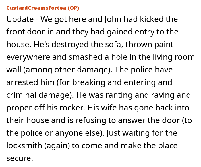 Text describing damage by neighbors in late mom's house, including destroyed sofa and paint thrown everywhere.