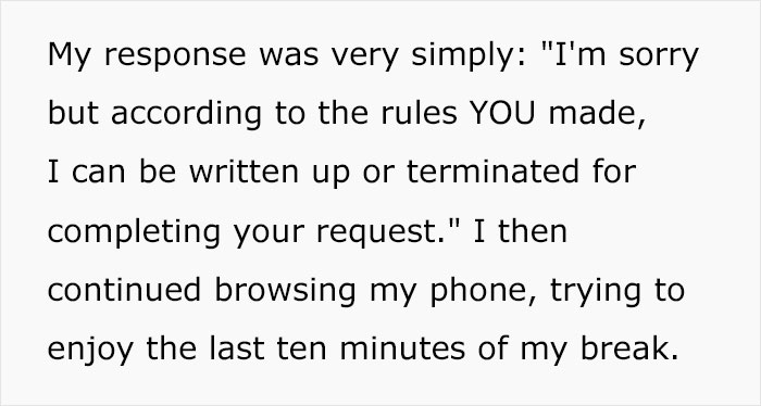 Employee adheres to break policy while kitchen chaos unfolds, checking phone during the last minutes of break.