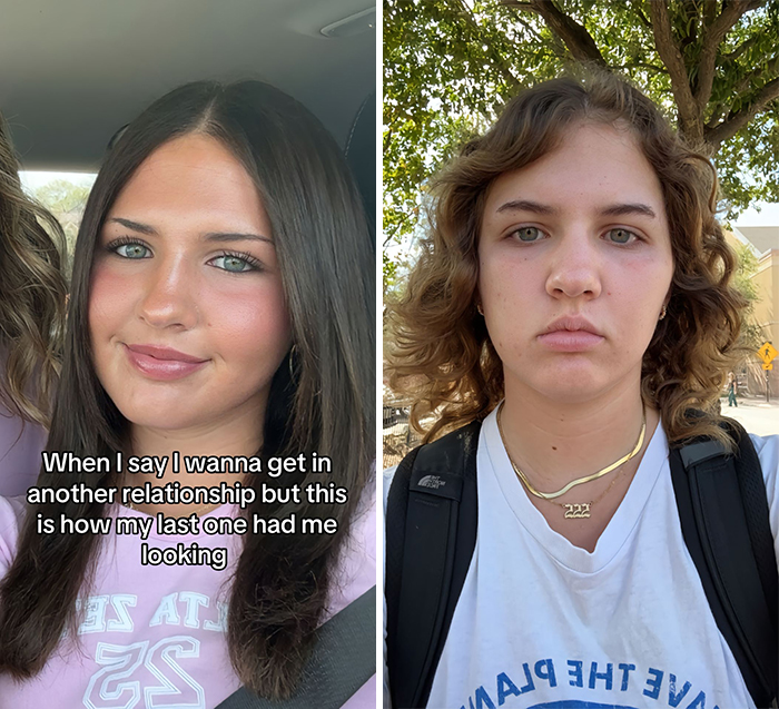 Single vs. relationship look comparison; woman smiling on left, serious on right.