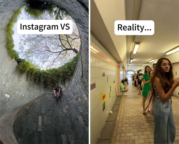 Split image: left side shows perfect scenic Instagram photo, right side reveals mundane reality with a tunnel.