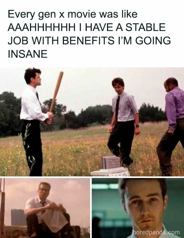 Gen X movie humor meme showing existential crisis at work with a frustrated man holding a bat in a field.