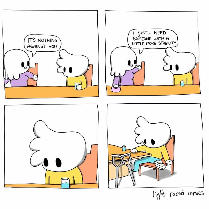 Comic with dark twists showing a character needing more stability, revealing a bandaged leg and crutches at the table.