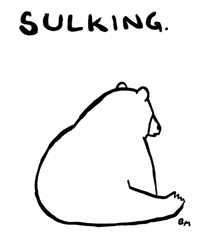 A drawing of a sulking bear, showcasing relatable animal emotions.