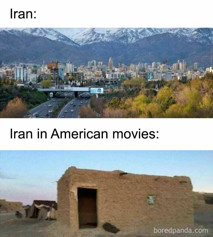 Skyline of modern city in Iran contrasted with a mud hut labeled "Iran in American movies," showcasing funny meme randomness.