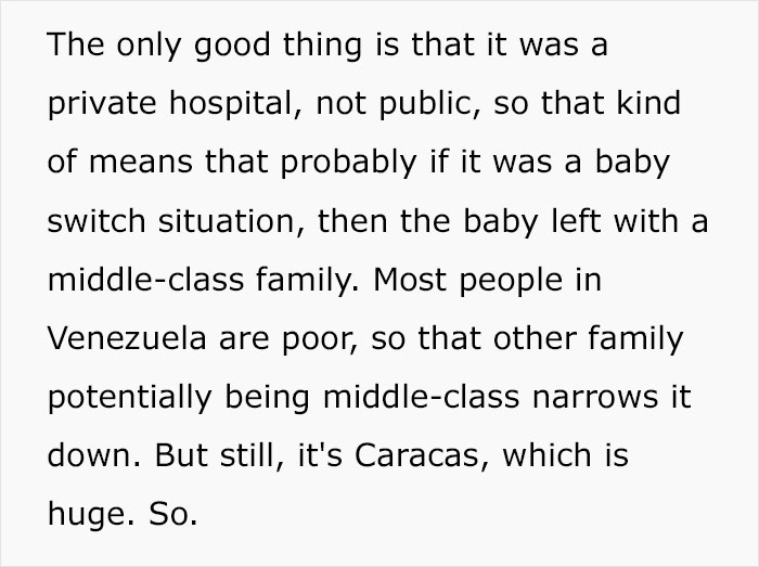 Shocked woman considers family DNA results amid baby switch worries in Caracas, private vs. public hospital revelation.
