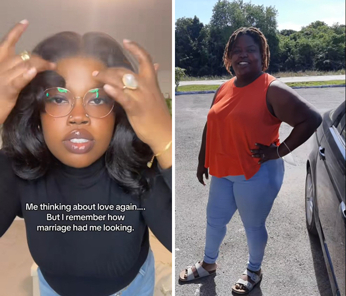 Person contemplating love, wearing glasses, in a split image comparing single vs. in a relationship appearance.