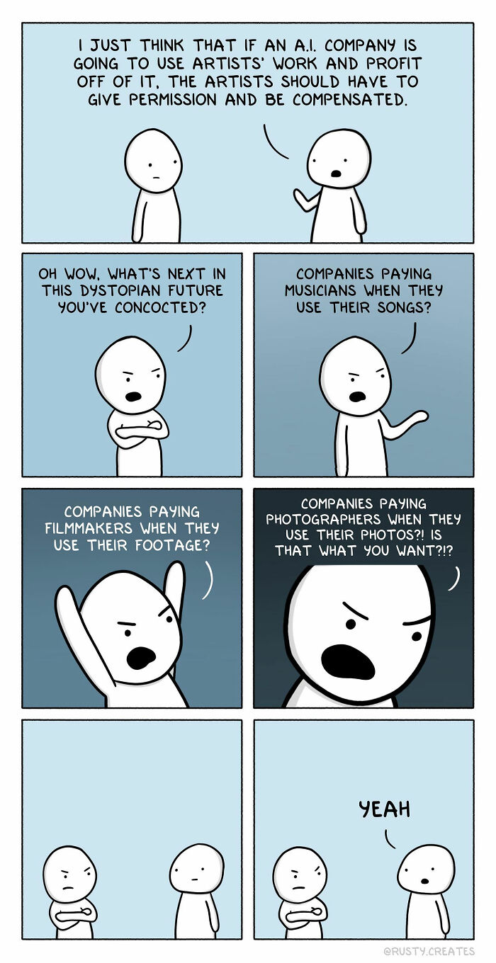 Comic by Bored Panda artist humorously depicting a discussion on companies compensating artists for using their work.