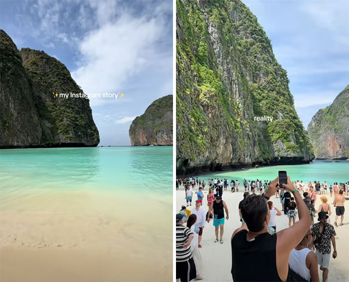 Insta vs. reality at a beach: serene empty shore contrasted with a crowded tourist scene highlighting the truth behind perfect photos.