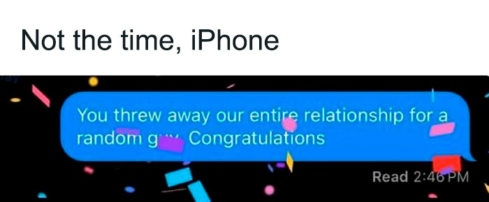 Confetti drops during a serious iPhone text conversation, making for a side-splitting meme moment.