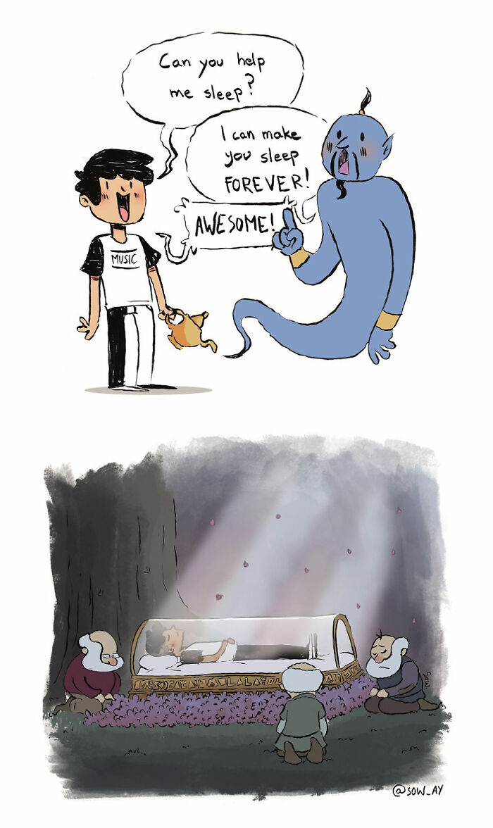 Comic showing a dark twist where a genie offers eternal sleep and a scene with a person in a glass coffin surrounded by dwarfs.