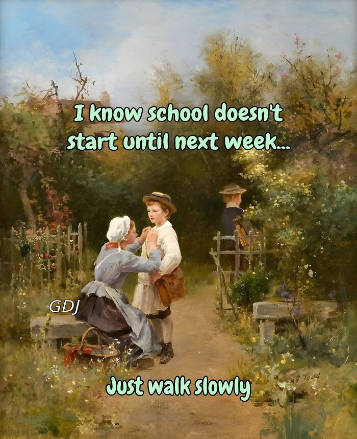 Vintage painting of children in a garden with text meme, showcasing art memes with petty energy for daily mental relief.