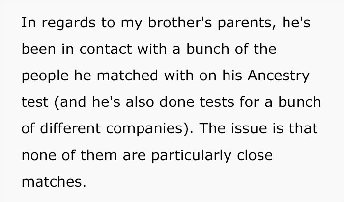 Text about brother's parents and DNA test matches, highlighting lack of close connections.